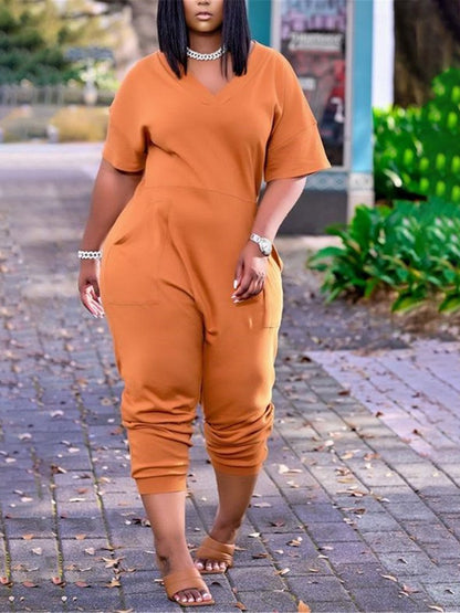 Plus Size Drop Shoulder Pocket V-neck Casual Jumpsuit - LuckyFash™