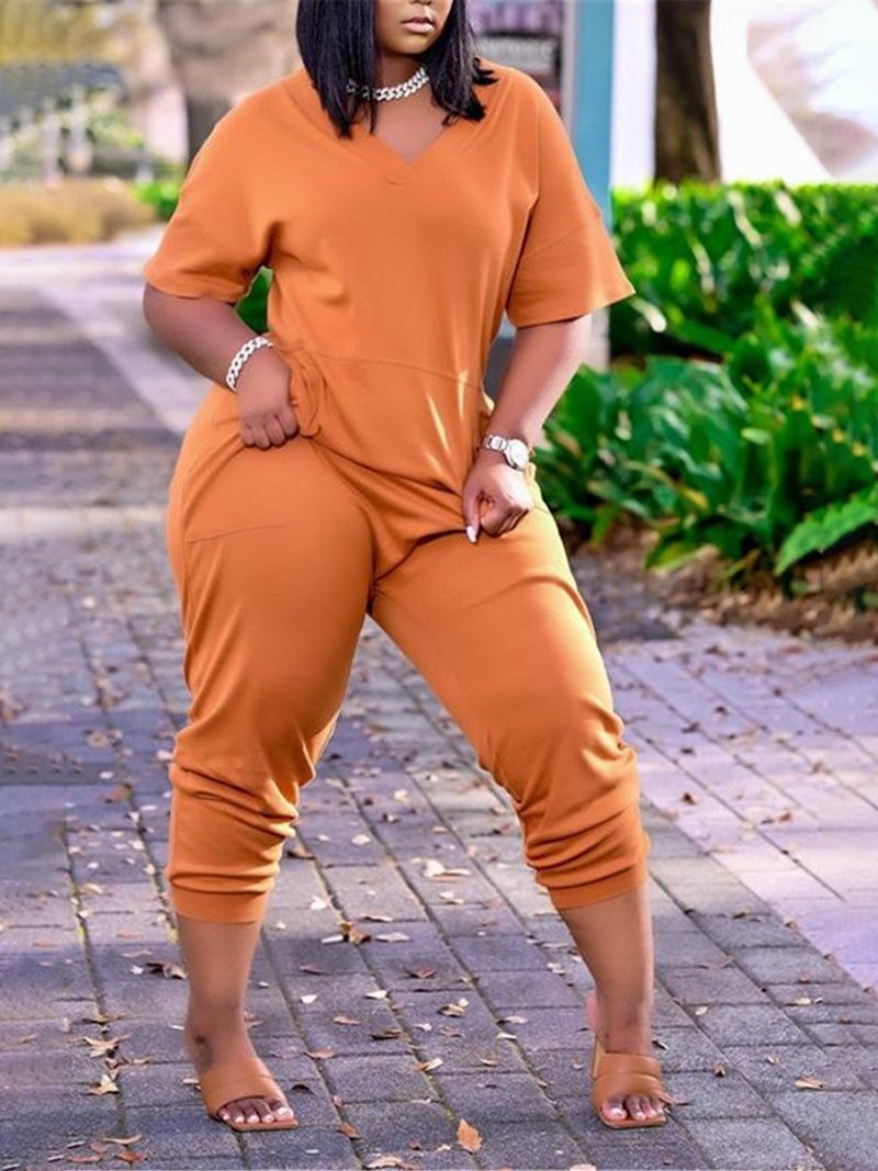 Plus Size Drop Shoulder Pocket V-neck Casual Jumpsuit - LuckyFash™