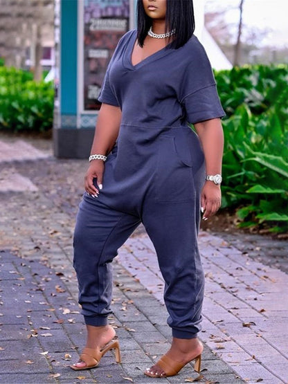 Plus Size Drop Shoulder Pocket V-neck Casual Jumpsuit - LuckyFash™