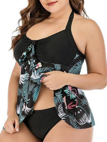 Plus Size Flamingo Print Chiffon Skirt Split Swimsuit for Women