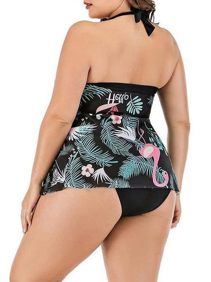 Plus Size Flamingo Print Chiffon Skirt Split Swimsuit - LuckyFash™