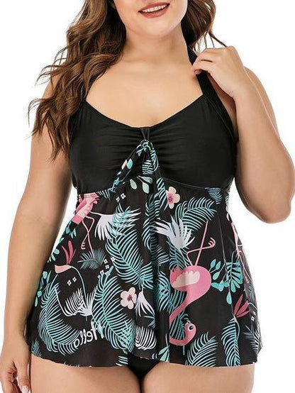 Plus Size Flamingo Print Chiffon Skirt Split Swimsuit - LuckyFash™