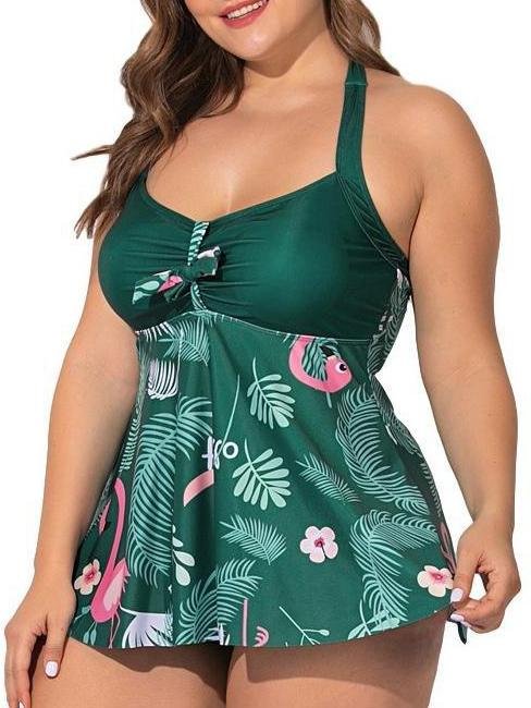 Plus Size Flamingo Print Chiffon Skirt Split Swimsuit for Women