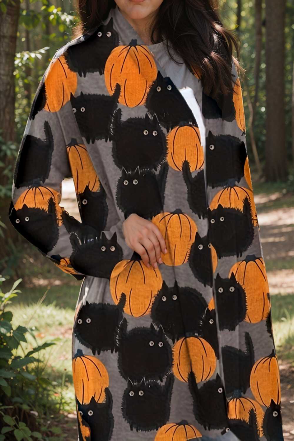 plus size halloween coat women s pus allover cat pumpkin print long sleeve open front medium stretch cardigan overcoat 112871