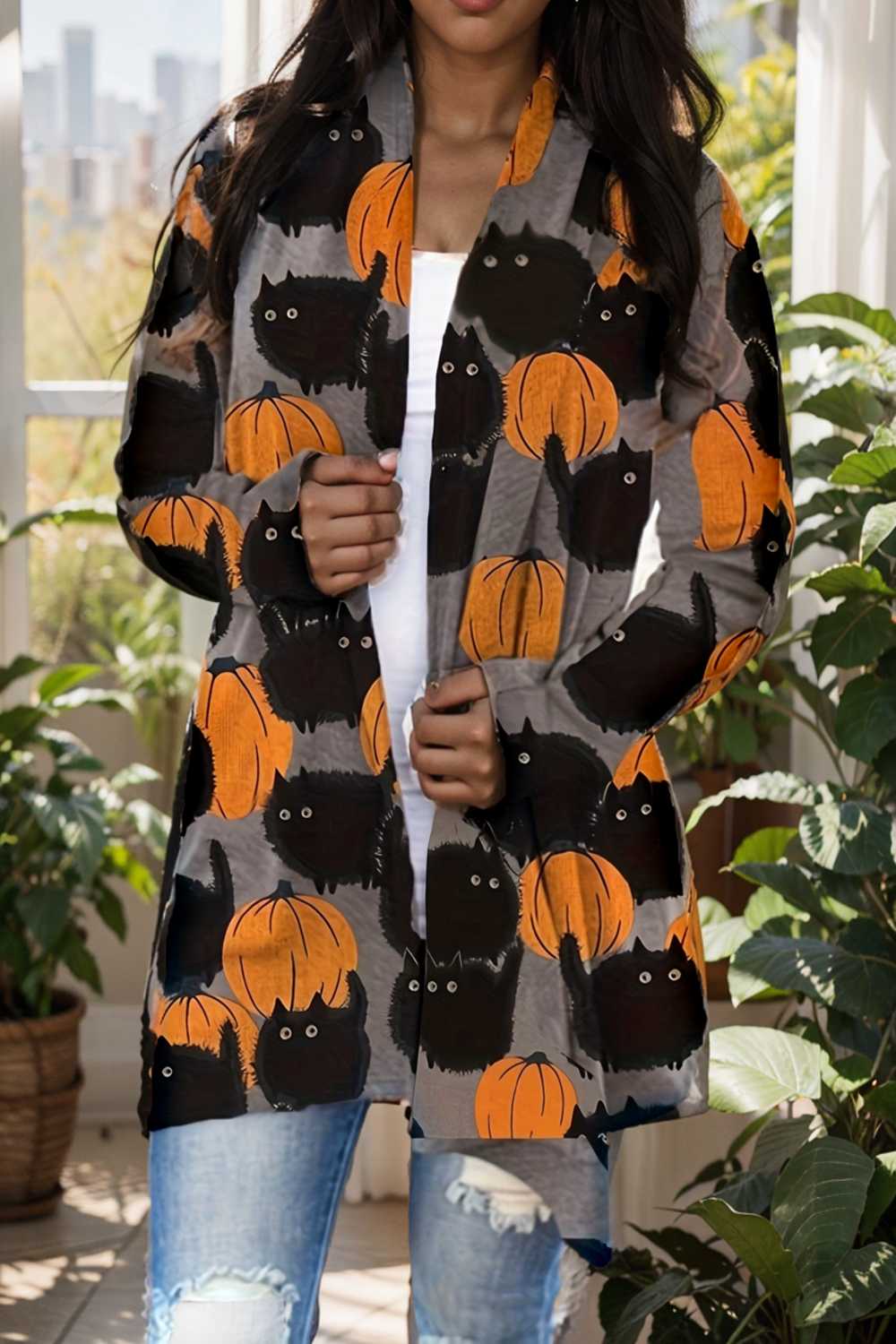 plus size halloween coat women s pus allover cat pumpkin print long sleeve open front medium stretch cardigan overcoat 112851