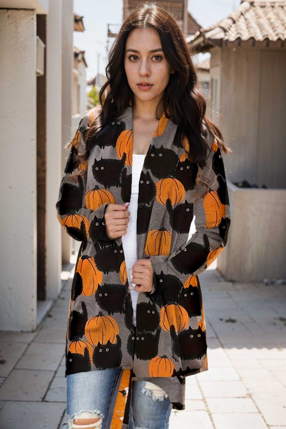 plus size halloween coat women s pus allover cat pumpkin print long sleeve open front medium stretch cardigan overcoat 113557