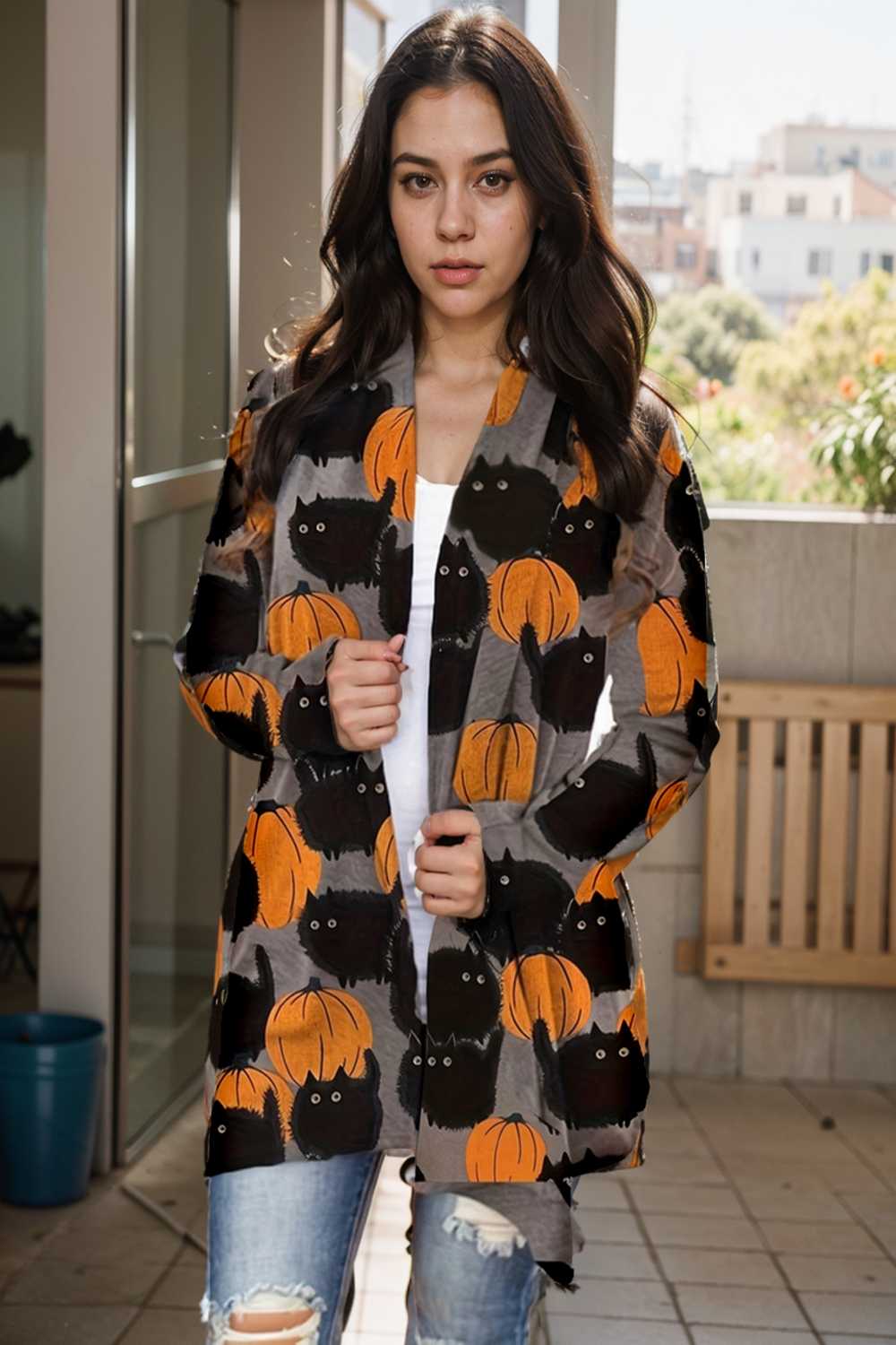 plus size halloween coat women s pus allover cat pumpkin print long sleeve open front medium stretch cardigan overcoat 113556