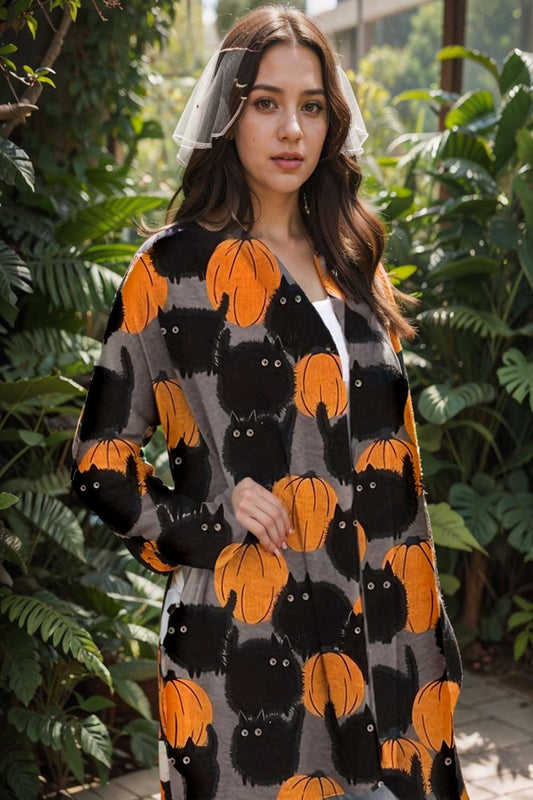 plus size halloween coat women s pus allover cat pumpkin print long sleeve open front medium stretch cardigan overcoat 113555