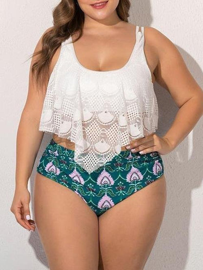 Plus Size Lace Ruffled High Waist Split Swimsuit - LuckyFash™