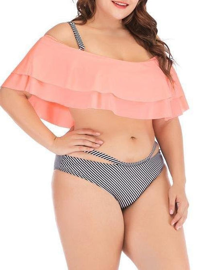 Plus Size Wire Free Ruffle Stripe High Waist Split Swimsuit for Women