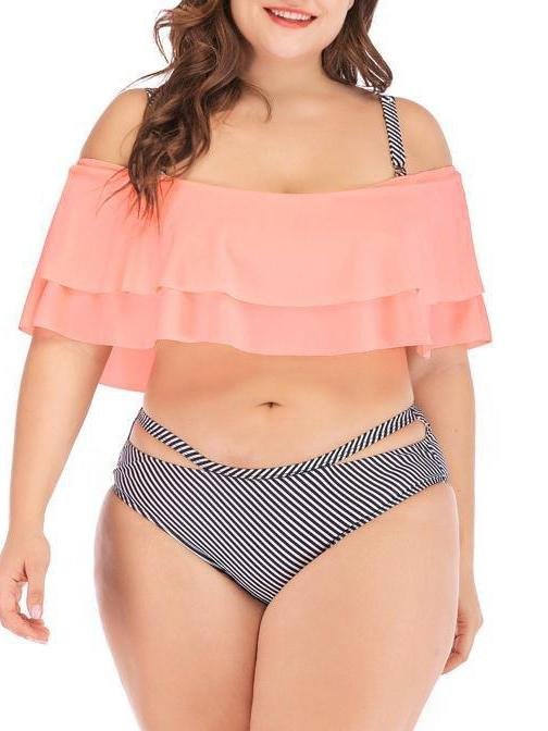 Plus Size Wire Free Ruffle Stripe High Waist Split Swimsuit - LuckyFash™