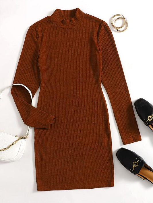 Plus Stand Collar Rib-knit Bodycon Dress for Women