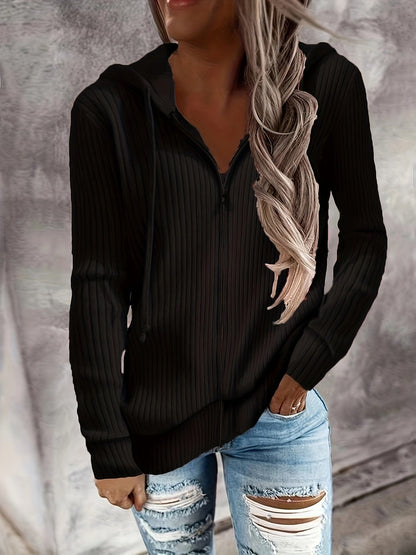 MsDresslySP Plus Sweaters Plus Size Casual Coat, Women's Plus Solid Ribbed Zip Up Long Sleeve Drawstring Hoodie Sweater PLU2309A3501BLK1XL(14)