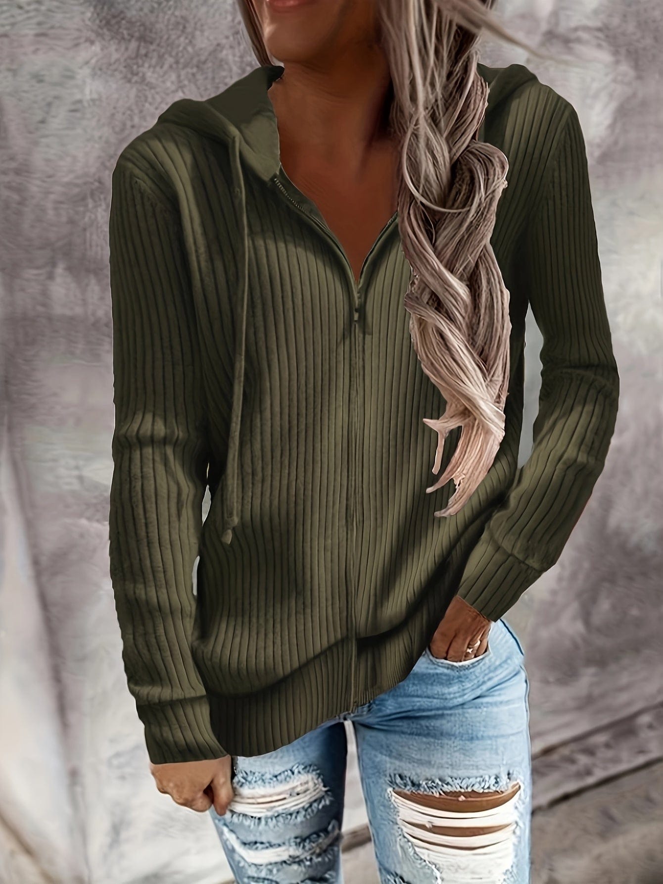 MsDresslySP Plus Sweaters Plus Size Casual Coat, Women's Plus Solid Ribbed Zip Up Long Sleeve Drawstring Hoodie Sweater PLU2309A3511AGR1XL(14)