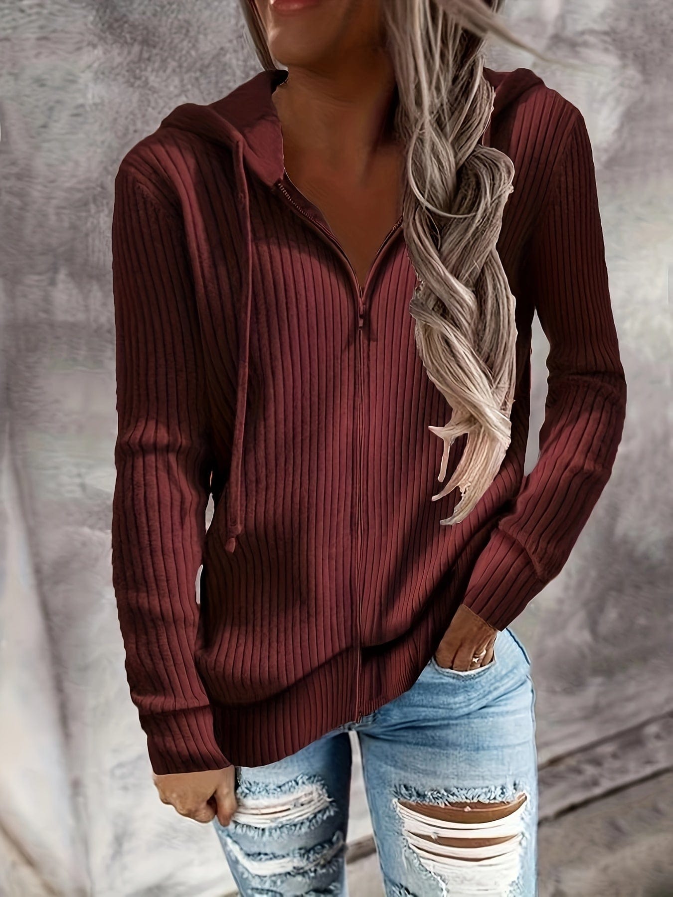 MsDresslySP Plus Sweaters Plus Size Casual Coat, Women's Plus Solid Ribbed Zip Up Long Sleeve Drawstring Hoodie Sweater PLU2309A3516BDG1XL(14)