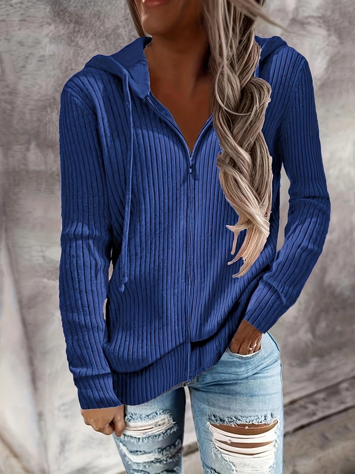 MsDresslySP Plus Sweaters Plus Size Casual Coat, Women's Plus Solid Ribbed Zip Up Long Sleeve Drawstring Hoodie Sweater PLU2309A3526BLU1XL(14)