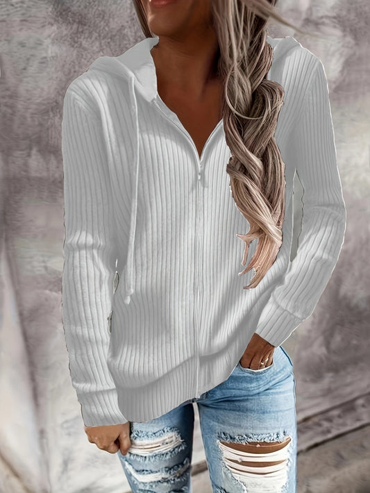 MsDresslySP Plus Sweaters Plus Size Casual Coat, Women's Plus Solid Ribbed Zip Up Long Sleeve Drawstring Hoodie Sweater