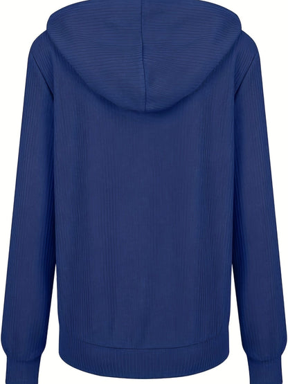 MsDresslySP Plus Sweaters Plus Size Casual Coat, Women's Plus Solid Ribbed Zip Up Long Sleeve Drawstring Hoodie Sweater