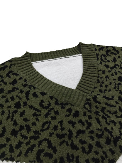 MsDresslySP Plus Sweaters Plus Size Casual Sweater, Women's Plus Colorblock Leopard Print V Neck Long Sleeve Pullover Sweater
