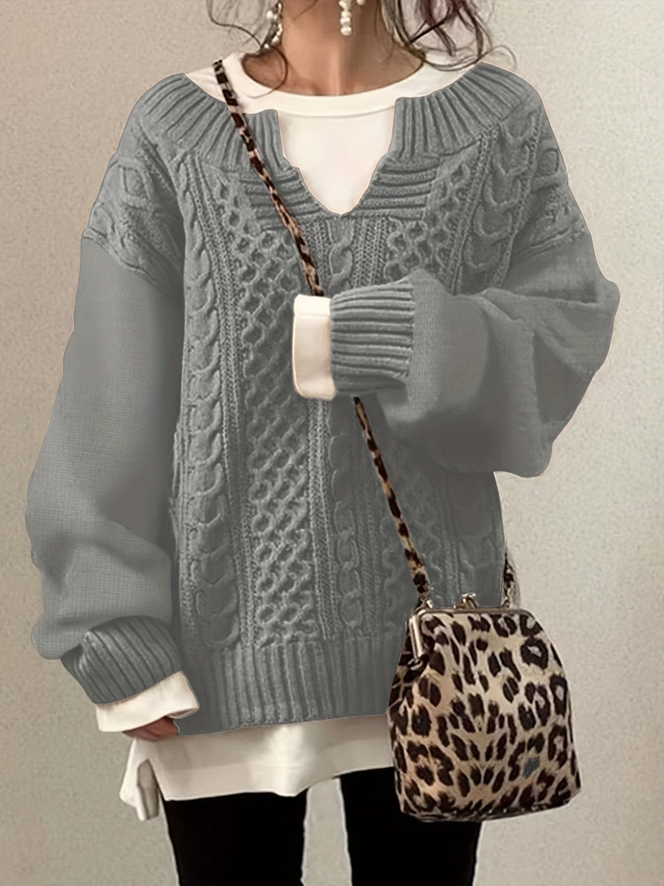 MsDresslySP Plus Sweaters Plus Size Casual Sweater, Women's Plus Solid Jacquard Long Sleeve Notched Neck Slight Stretch Sweater PLU2309A2111GRE1XL(14)