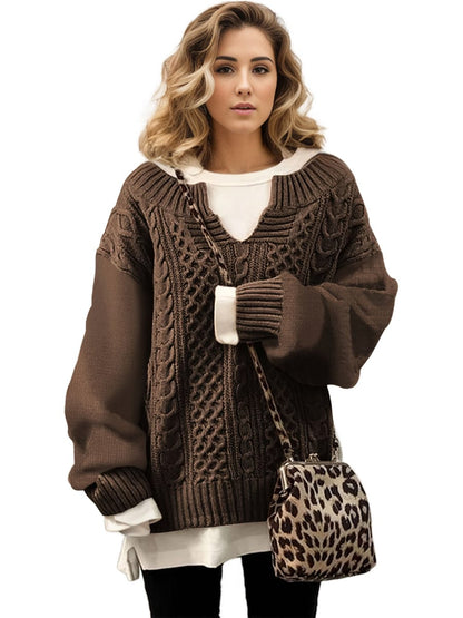 MsDresslySP Plus Sweaters Plus Size Casual Sweater, Women's Plus Solid Jacquard Long Sleeve Notched Neck Slight Stretch Sweater
