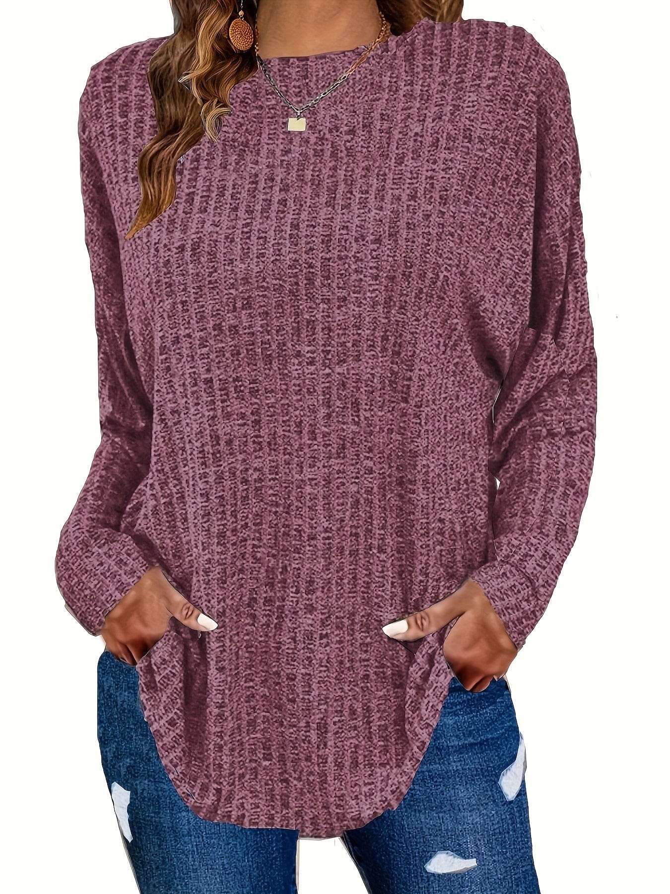 MsDresslySP Plus Sweaters Plus Size Casual Sweater, Women's Plus Solid Ribbed Long Sleeve Round Neck Knit Top PLU2309A1613RDBPlus 1XL(14/16)