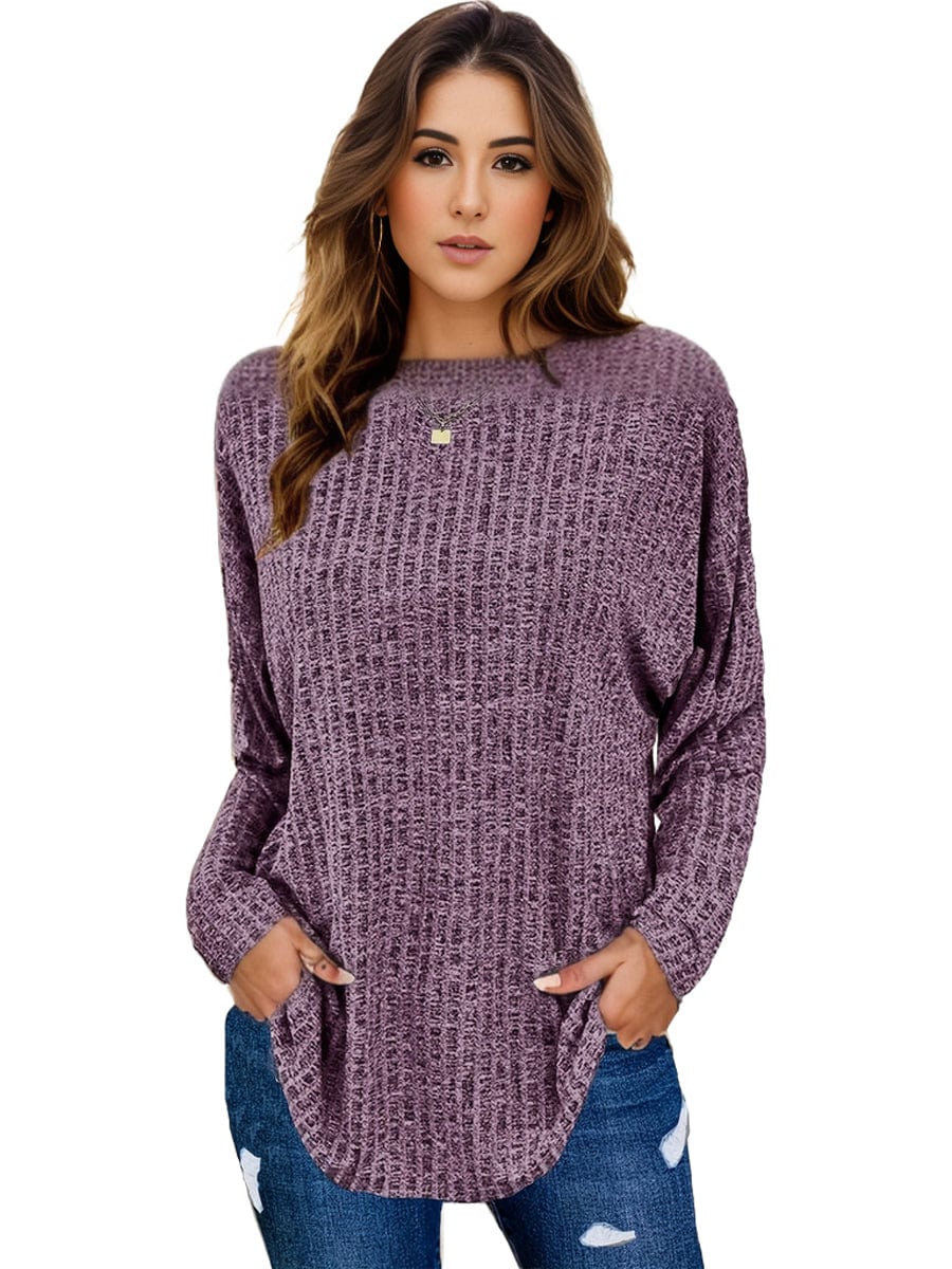 MsDresslySP Plus Sweaters Plus Size Casual Sweater, Women's Plus Solid Ribbed Long Sleeve Round Neck Knit Top