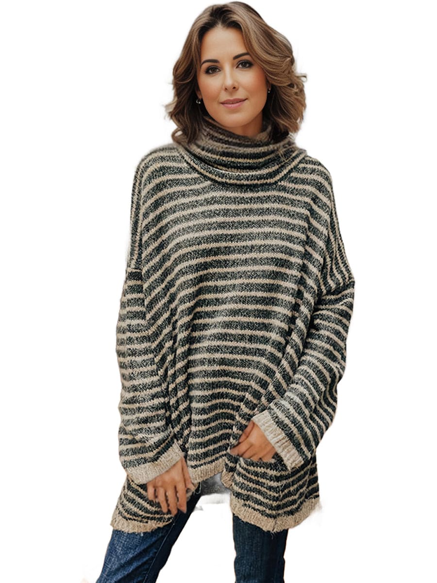 MsDresslySP Plus Sweaters Plus Size Casual Sweater, Women's Plus Stripe Print Chimney Collar Long Sleeve Pullover Sweater