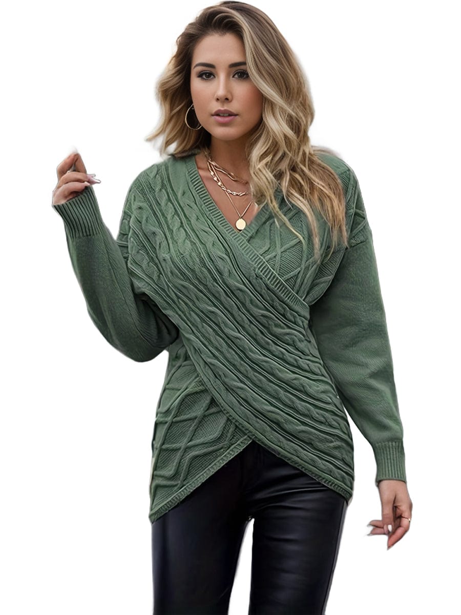 MsDresslySP Plus Sweaters Plus Size Elegant Sweater, Women's Plus Solid Cable Drop Shoulder Long Sleeve Wrap Cross V Neck Jumper