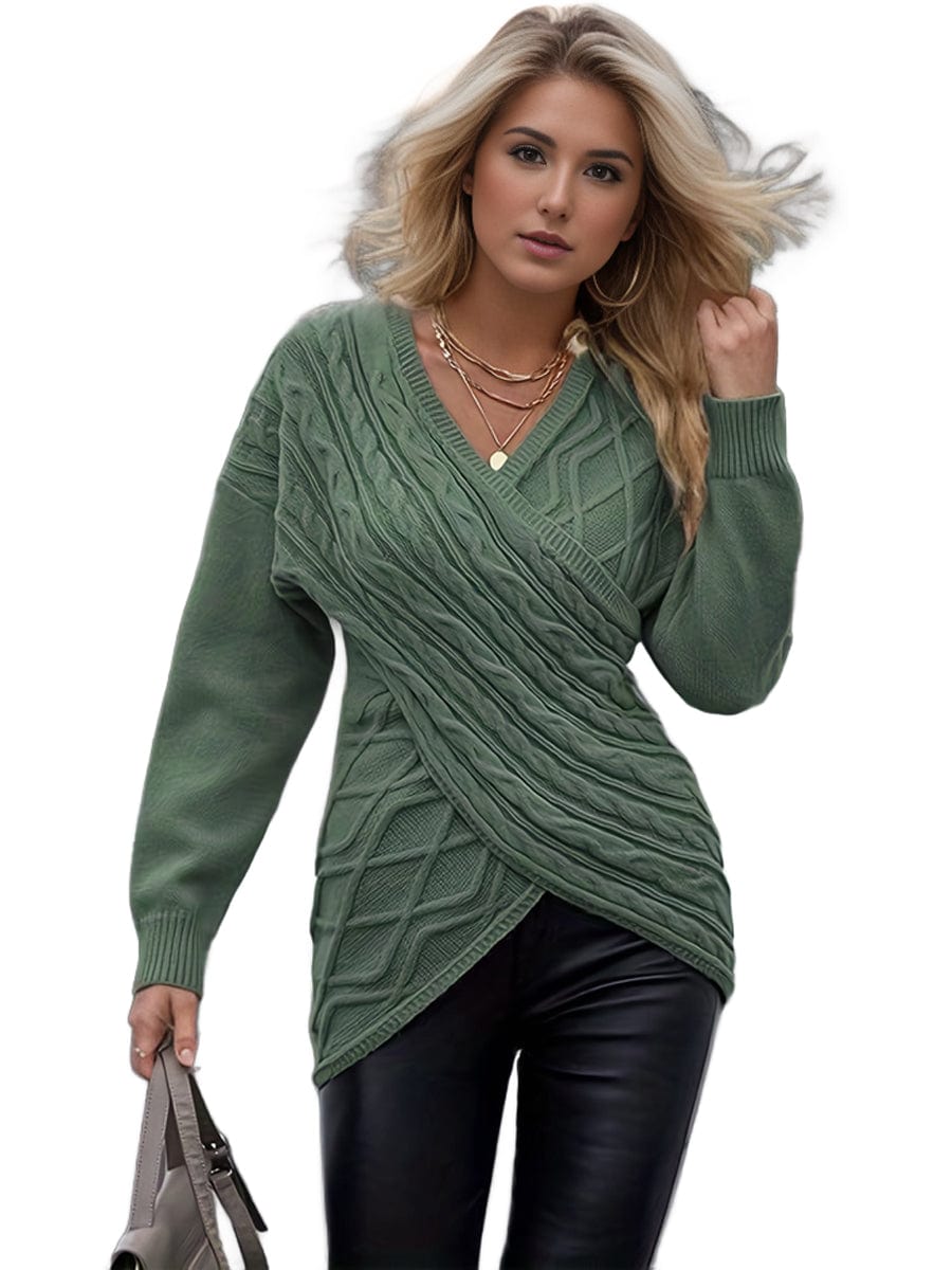 MsDresslySP Plus Sweaters Plus Size Elegant Sweater, Women's Plus Solid Cable Drop Shoulder Long Sleeve Wrap Cross V Neck Jumper