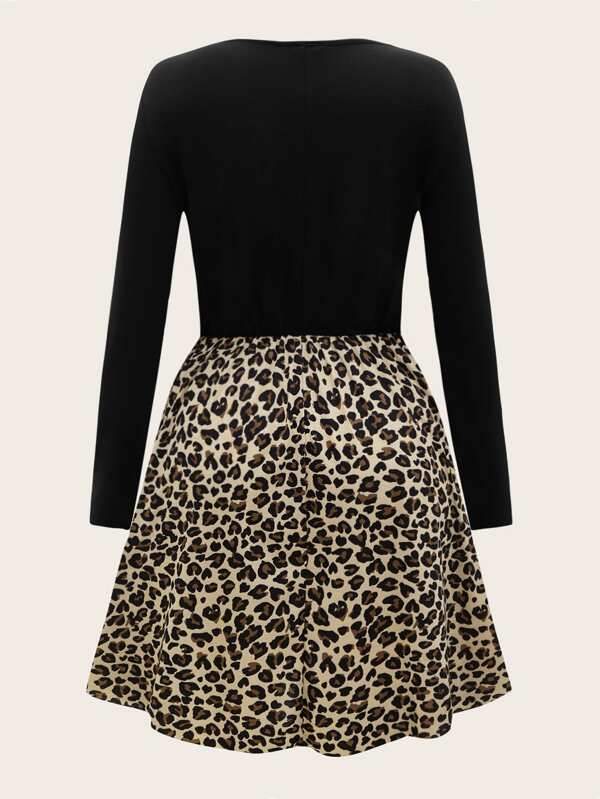 Plus V-neck Leopard Panel Dress - LuckyFash™