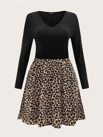 Plus V-neck Leopard Panel Dress - LuckyFash™