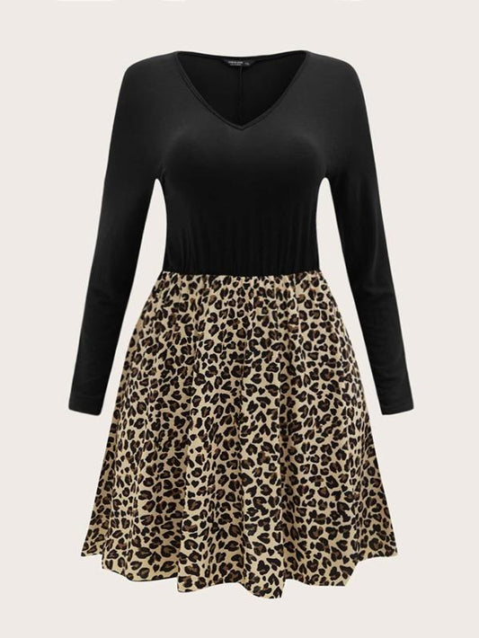 Plus V-neck Leopard Panel Dress for Women