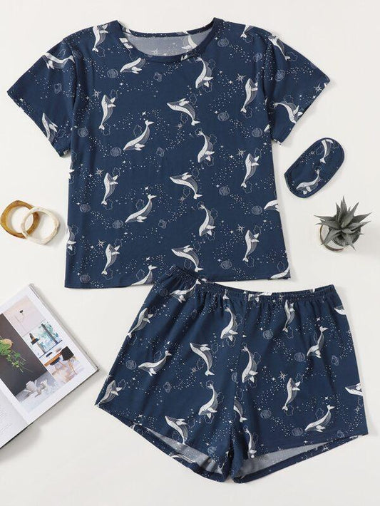 Plus Whale And Galaxy Print Pajama Set With Eye Cover for Women