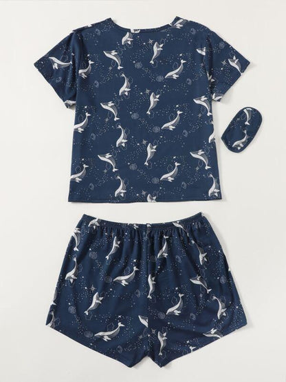 Plus Whale And Galaxy Print Pajama Set With Eye Cover - LuckyFash™