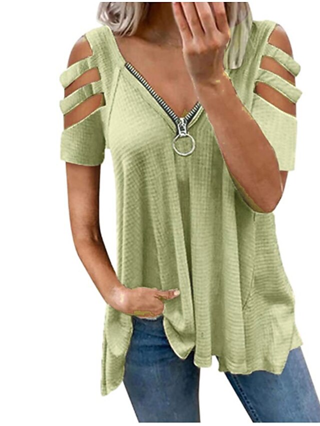 Women's Blouse Zipper Cut Out Plaid Basic V Neck Summer Wine Red Black White Pink Green - LuckyFash™