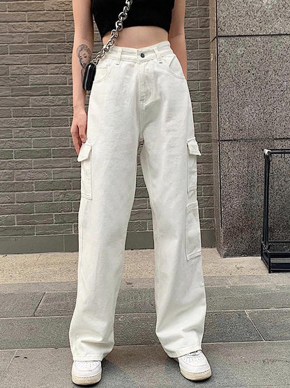 Pocket High Waist Loose Slim Denim Trousers Casual Pants for Women