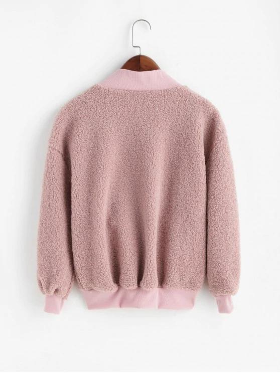 Pocket V Neck Drop Shoulder Fluffy Teddy Sweatshirt - LuckyFash™