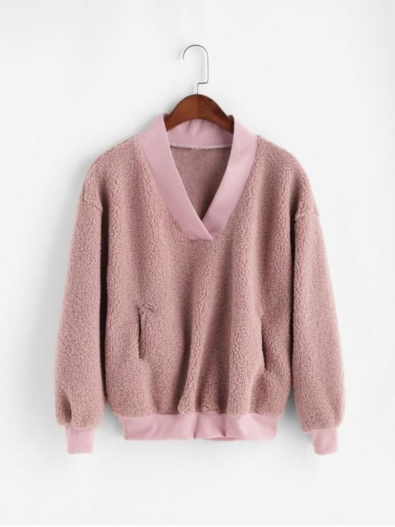 Pocket V Neck Drop Shoulder Fluffy Teddy Sweatshirt - LuckyFash™