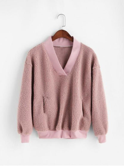 Pocket V Neck Drop Shoulder Fluffy Teddy Sweatshirt for Women