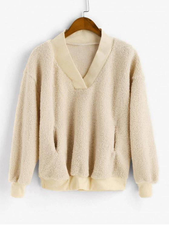 Pocket V Neck Drop Shoulder Fluffy Teddy Sweatshirt for Women