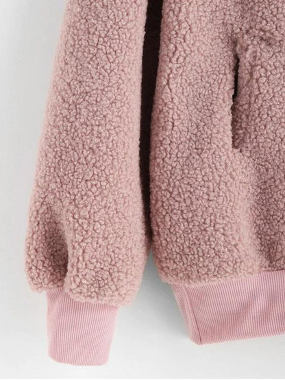 Pocket V Neck Drop Shoulder Fluffy Teddy Sweatshirt - LuckyFash™