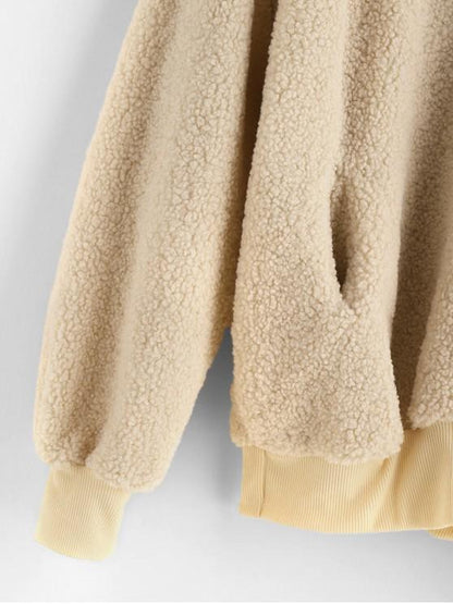 Pocket V Neck Drop Shoulder Fluffy Teddy Sweatshirt - LuckyFash™