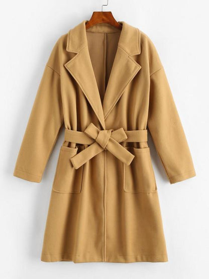 Pockets Belted Wool Blend Long Coat for Women