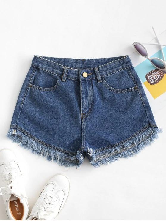 Pockets Frayed Hem Denim Cutoff Shorts for Women