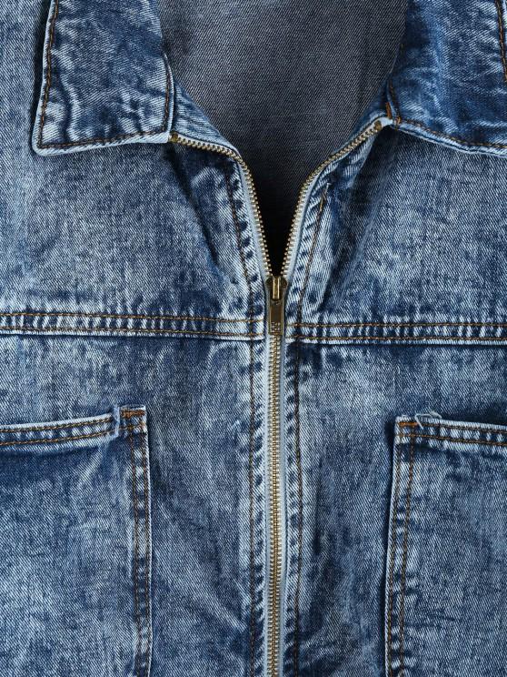 Pockets Zipper Drop Shoulder Denim Jacket - LuckyFash™