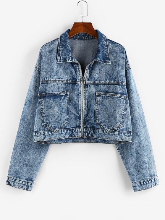 Pockets Zipper Drop Shoulder Denim Jacket - LuckyFash™