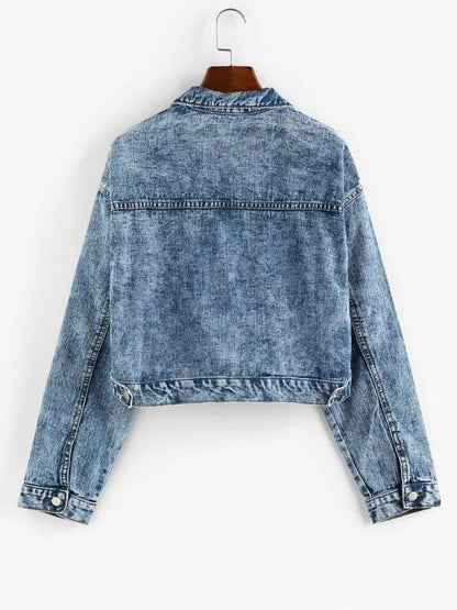 Pockets Zipper Drop Shoulder Denim Jacket - LuckyFash™