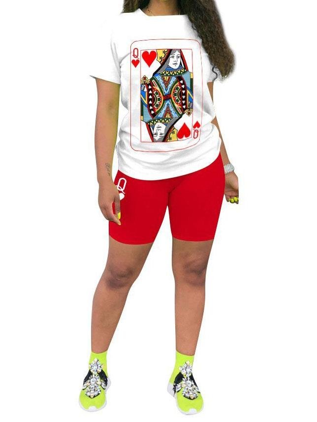 Poker Print O Neck Red Two-piece Shorts Set - LuckyFash™