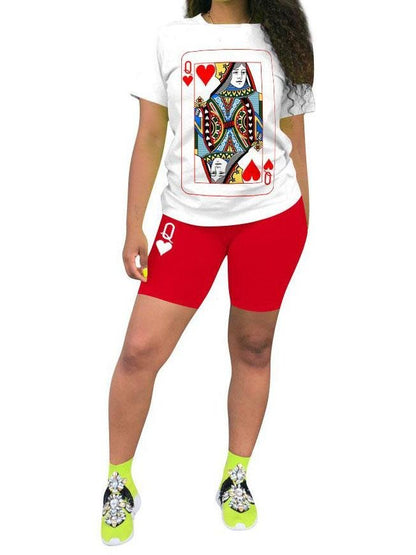 Poker Print O Neck Red Two-piece Shorts Set - LuckyFash™